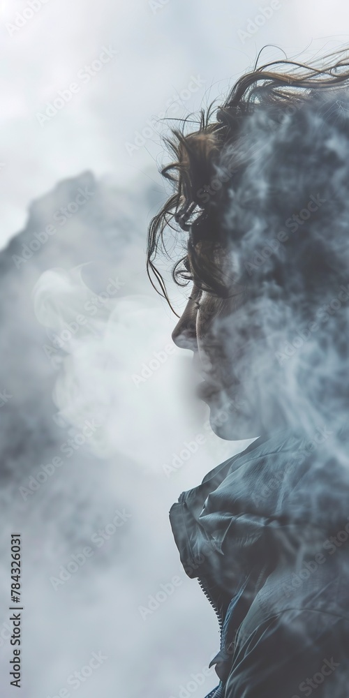 Hiker's breath, close up, visible in cold mountain air, dense fog around Hiker's breath, close up, visible in cold mountain air, dense fog around