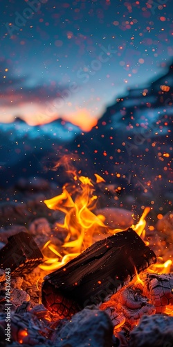 Campfire flames, close up, with a panoramic view of the night mountain scape