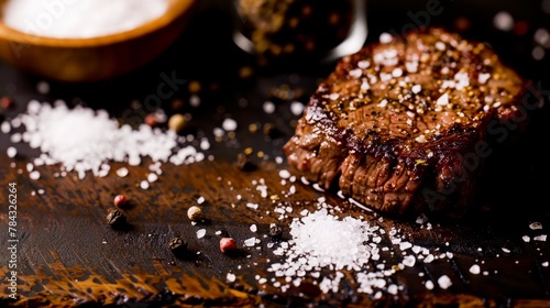 The art of steak seasoning captured in a moment, with salt and pepper enhancing the meat's natural flavors, set for a menu backdrop.