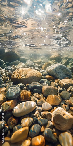 Clear mountain stream, close up, pebbles underwater, sunlight filtering through