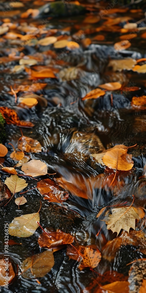 Rushing stream, close up, surrounded by fallen leaves, crisp air Rushing stream, close up, surrounded by fallen leaves, crisp air