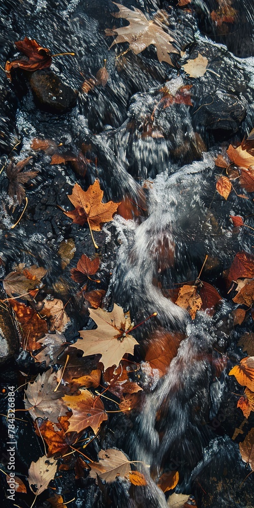 Rushing stream, close up, surrounded by fallen leaves, crisp air 