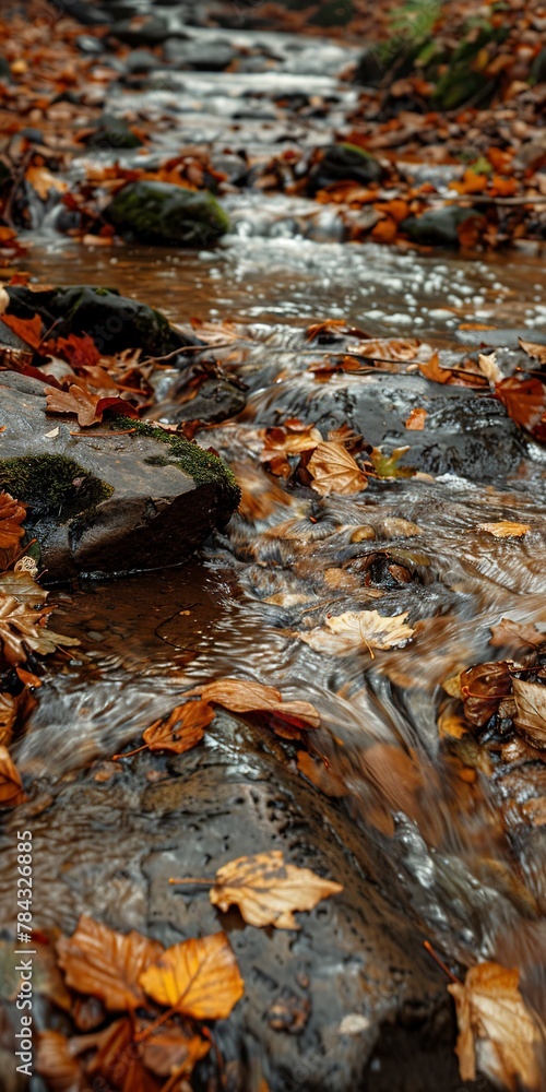 Fototapeta premium Rushing stream, close up, surrounded by fallen leaves, crisp air