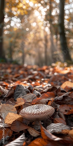 Mushroom cap in forest, close up, autumn leaves, soft light 