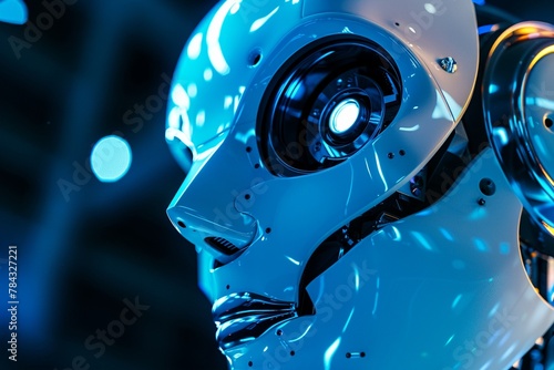 Close-up of AI robot's optic sensor, reflective surface, intricate detail, ambient blue light