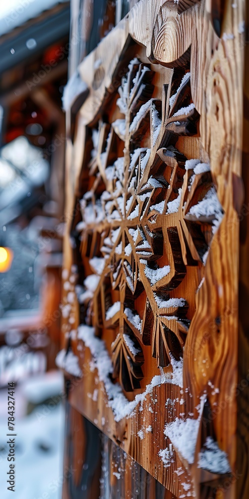 Hand-carved wooden sign for cabin, close up, snowflakes, twilight