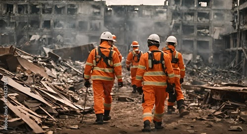 Group of rescue workers after an earthquake. photo