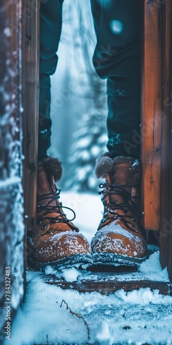 Snow boots outside cabin door, close up, ready for adventure photo