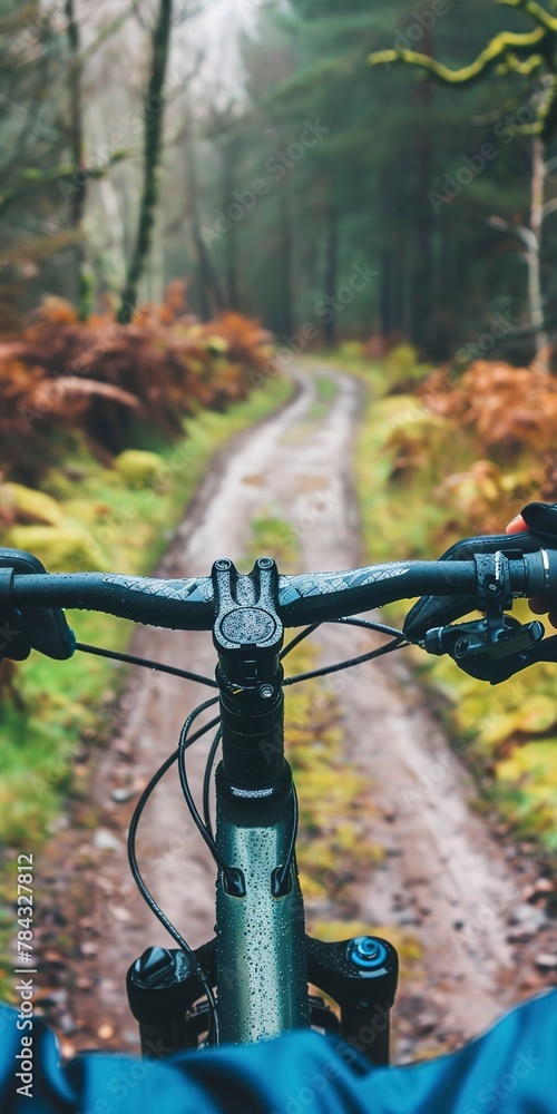 Cyclist's hands on handlebars, close up, rugged terrain, focus shift Cyclist's hands on handlebars, close up, rugged terrain, focus shift