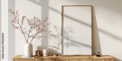 Mock up frame in home interior background  white room with natural wooden furniture  3d render  3d illustration