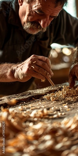 Local craftsman carving wood, close up, shavings, natural light