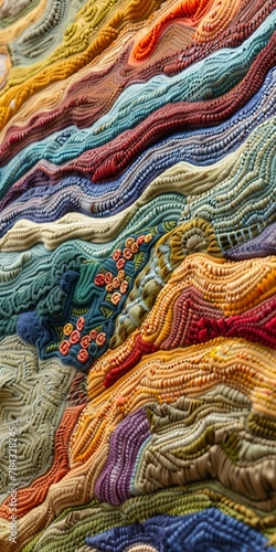 Woven mountain tapestry, close up, intricate pattern, daylight 