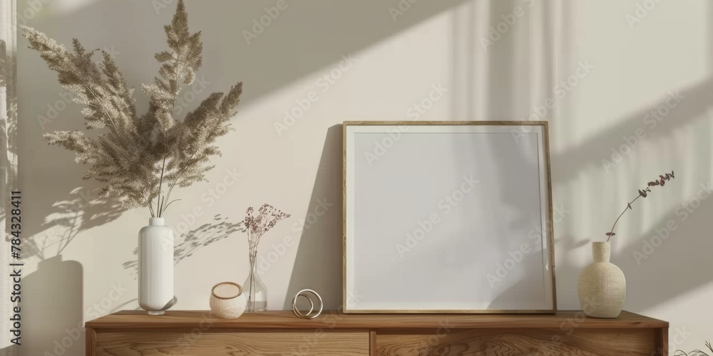 Mock up frame in home interior background, white room with natural wooden furniture, 3d render, 3d illustration Mock up frame in home interior background, white room with natural wooden furniture, 3d render, 3d illustration