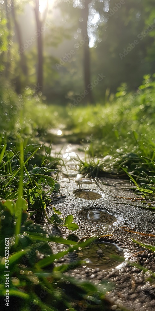 Fototapeta premium Footprint on eco-path, close up, leading line, morning dew 