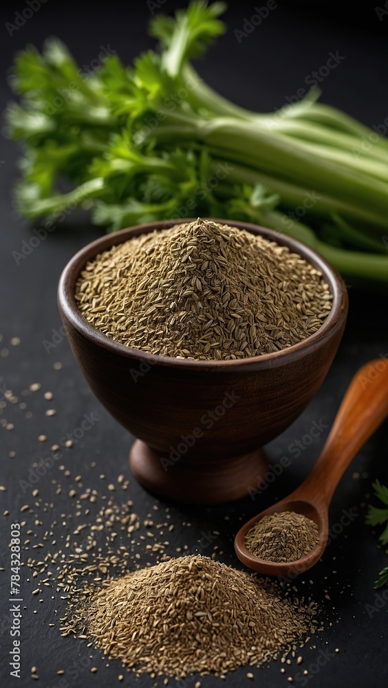 Celery seed powder on a black background. Celery seed powder on a black background.