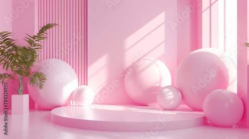 Pink room with floating spheres