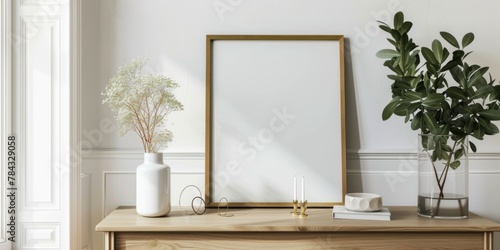 Mock up frame in home interior background, white room with natural wooden furniture, 3d render, 3d illustration © MUS_GRAPHIC