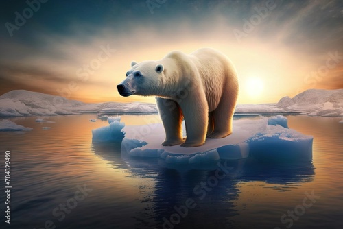 Polar bear on an ice floe in the Arctic Sea against the background of the morning sun. AI generated.