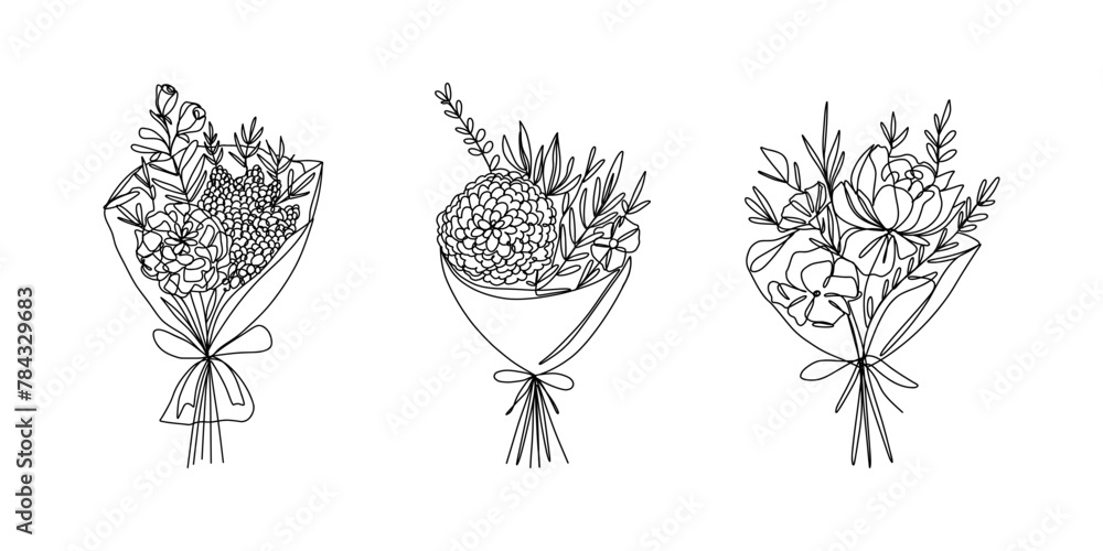 Flower bouquets continuous one line drawing set. Romantic floral natural decorative elements for greeting cards, wedding invitations. Vector collection