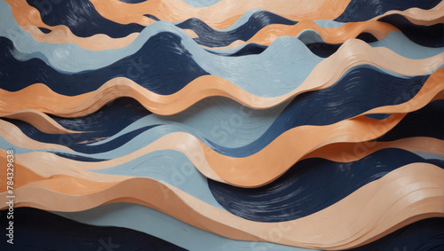 Dynamic horizontal abstract wave background showcasing navy blue, peach, and sky blue colors, ideal for adding visual interest to designs.
