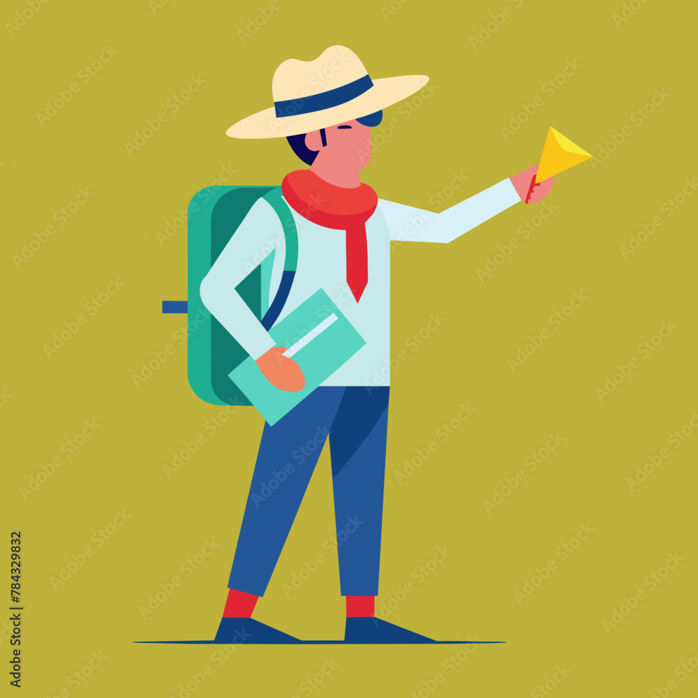 Traveler Holding Map, Tourist with Umbrella, Adventure Illustration