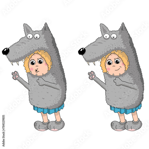 Illustration of a little redhead girl in a wolf costume with teeth. Vector illustration girl wearing costume for halloween or costume party