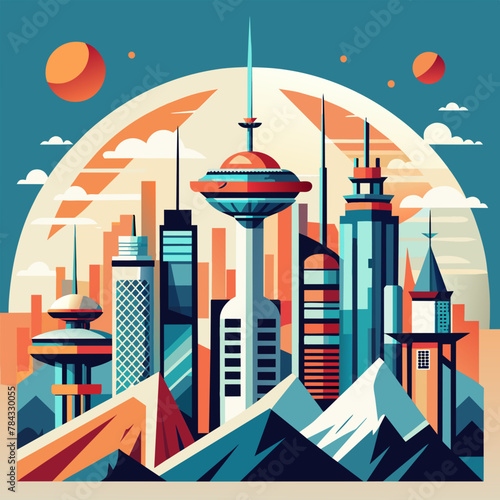 Minimalist Futuristic Cityscape, Urban Skyline, Modern Architecture Illustration © Naveed