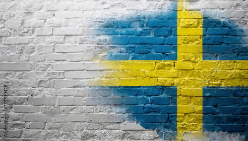 Flag of Sweden painted on brick wall, highly detailed textured background. copy space for your text