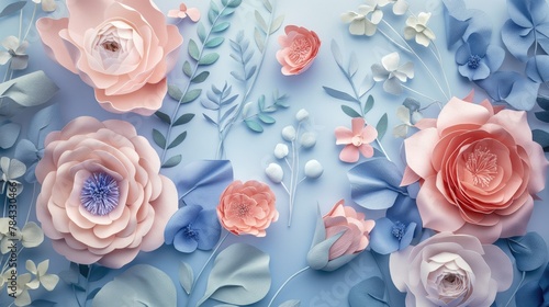 Tender blue and pink floral flowers on white background for Women's day celebration or artistic spring representation for DIY concept