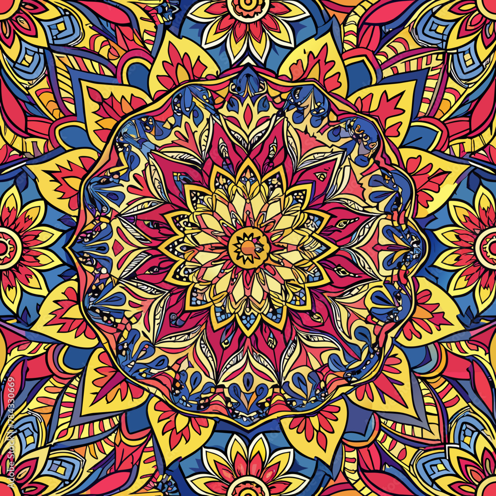 Seamless Pattern Featuring Intricate Mandala Designs, Bohemian Pattern, Ethnic Illustration