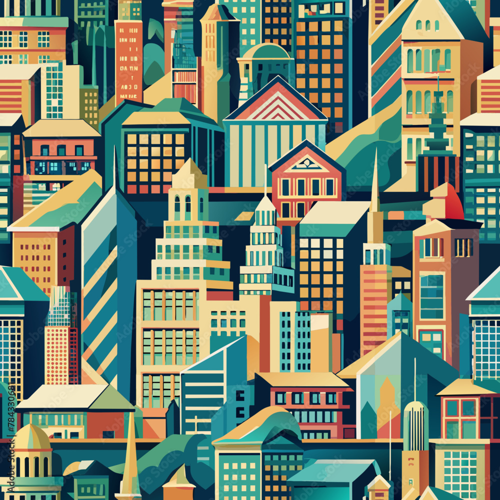 Seamless Pattern Inspired by Urban Landscapes with Buildings and Skyscrapers, City Background, Architecture Illustration