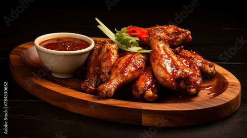 Grilled chicken wings with spicy chili sauce on wooden plate.