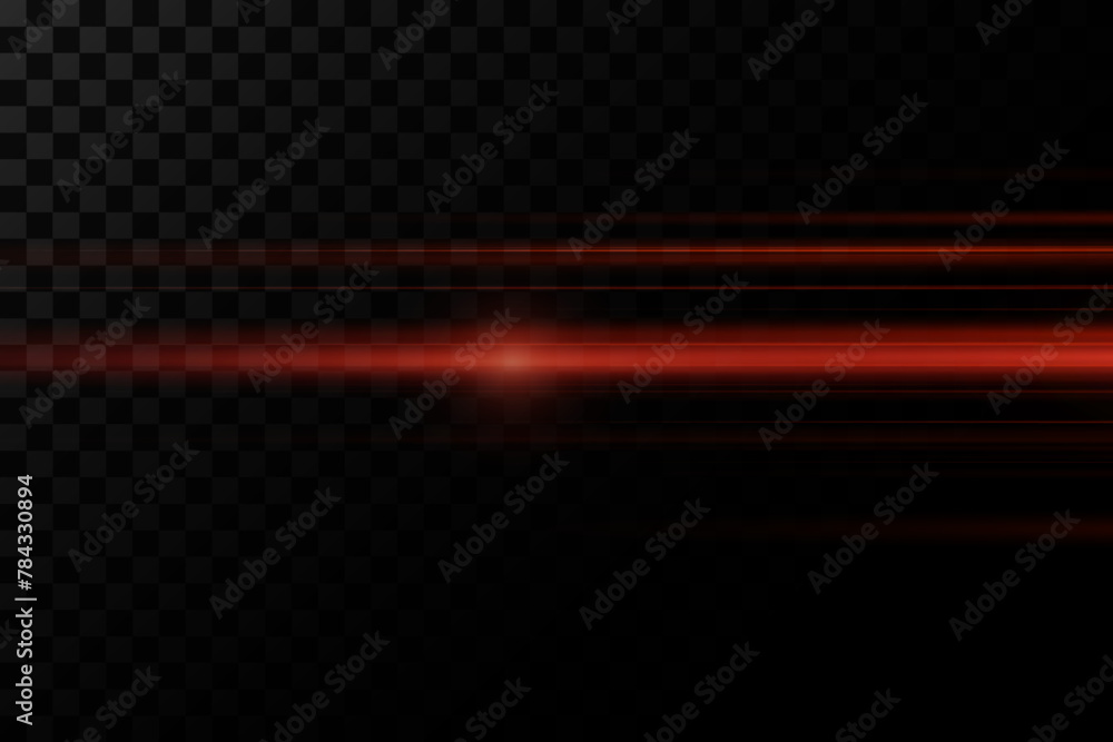 Red line of speed and light. Horizontal flare, glowing effect. On a transparent background.