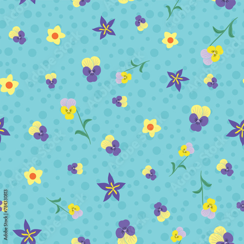Small spring flowers vector pattern design on blue background