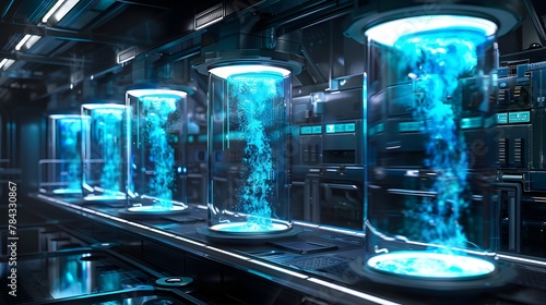 Futuristic Alien Laboratory with Glowing Blue Liquid Filled Glass Tanks and Advanced Digital Technology © yelosole