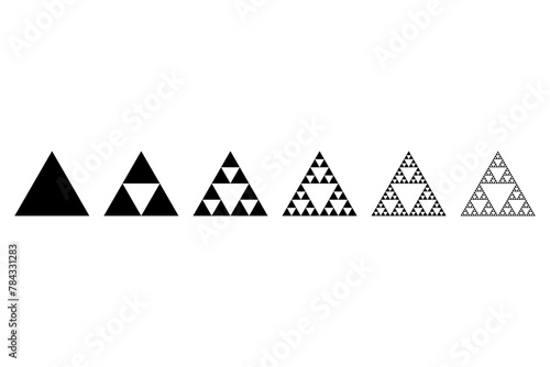 Evolution of a Sierpinski triangle, a plane fractal. Starting with a triangle, subdivided into four smaller triangles, removing the central one. Repeating step 2 with each smaller triangle infinitely. photo