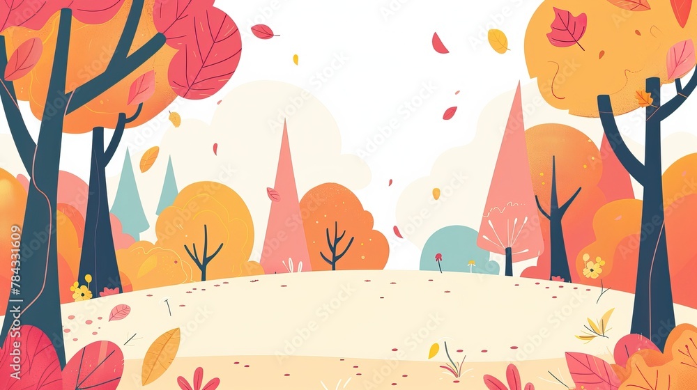 Illustration of an autumn forest in flat style with falling leaves