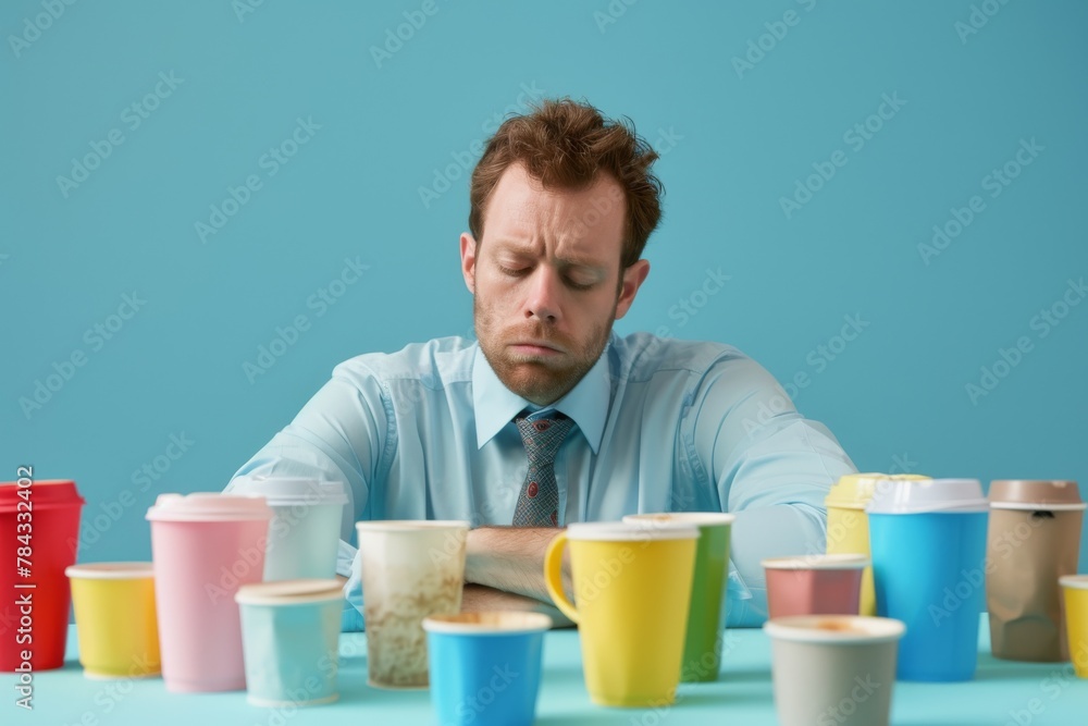 An office worker surrounded by a collection of colorful coffee cups appears tired or overwhelmed, suggesting fatigue or overwork An office worker surrounded by a collection of colorful coffee cups appears tired or overwhelmed, suggesting fatigue or overwork