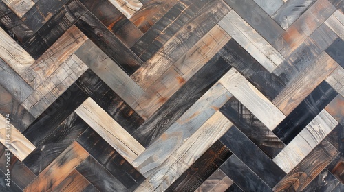 An intricate pattern of wooden tiles with various stains and burns  highlighting the beauty of reclaimed wood