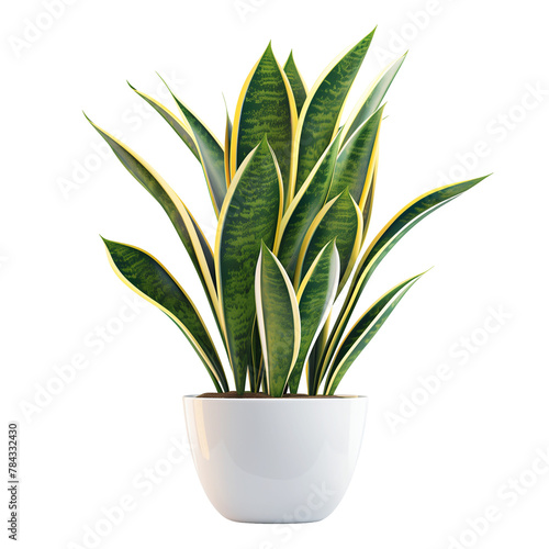 Sansevieria Plant in Glossy White Pot Isolated on White Background. Modern Home Decor with Snake Plant, Elegant Indoor Greenery, Fresh and Stylish Look for Contemporary Interiors.