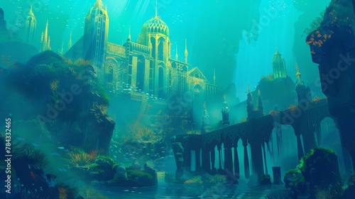 Vibrant underwater city with otherworldly architecture and a serene atmosphere, suggestive of fantasy and exploration