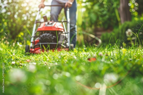 A person is mowing a vibrant green lawn with a red lawn mower, highlighting the concept of garden care and maintenance
