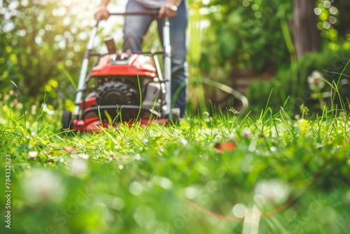 A person is mowing a vibrant green lawn with a red lawn mower, highlighting the concept of garden care and maintenance photo
