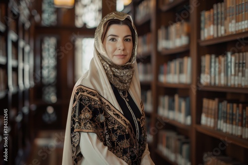 A young woman in an ornate hijab exudes elegance and cultural pride within the classic library setting photo