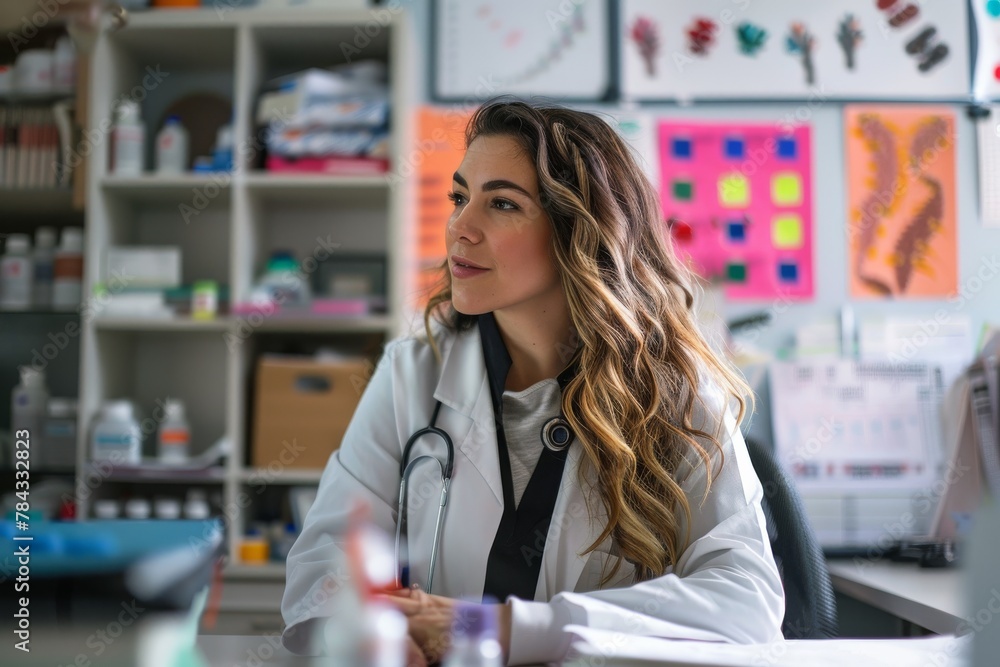 A confident young female doctor with a stethoscope sitting in a modern medical office with educational posters