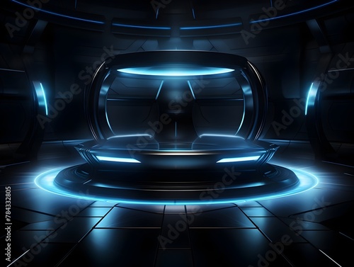 Futuristic Sci-Fi Dark Room with Illuminated Blue Podium at Center of Space © yelosole