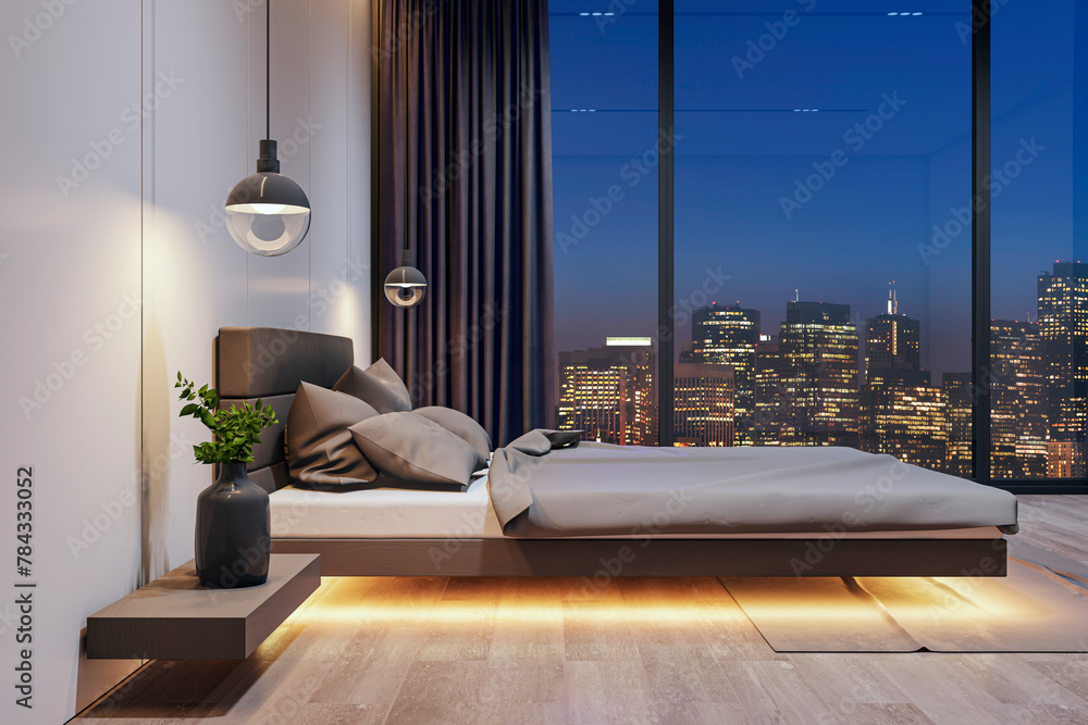 Urban bedroom with soft lighting and striking night skyline view. Modern comfort concept. 3D Rendering - obrazy, fototapety, plakaty 
