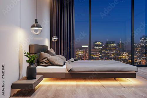 Urban bedroom with soft lighting and striking night skyline view. Modern comfort concept. 3D Rendering