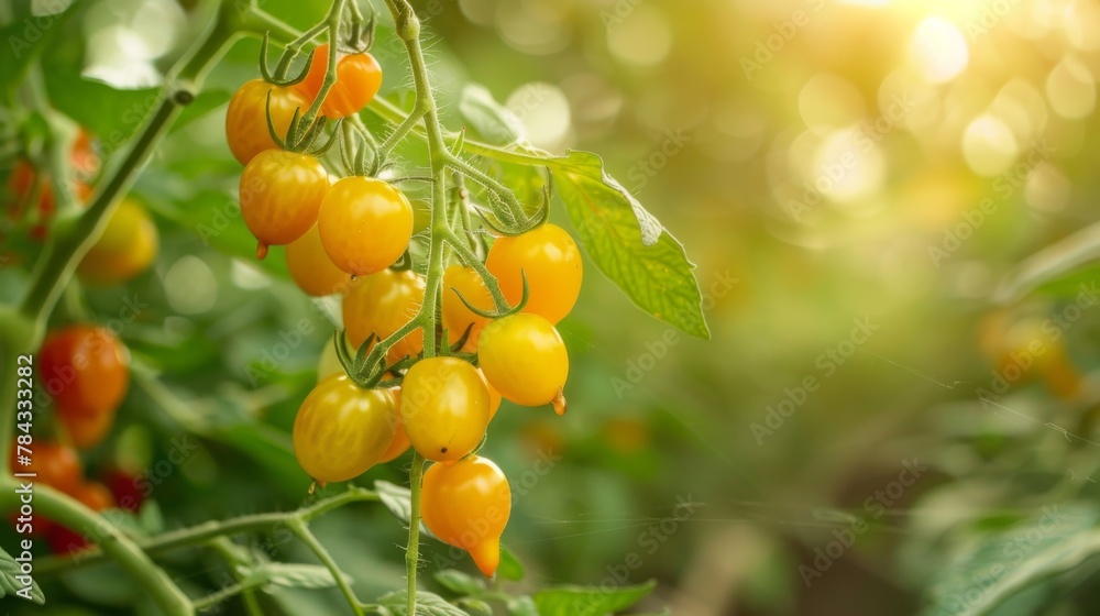 branch of fresh yellow cherry tomatoes hanging on trees in organic farm, Solanum, lycopersicum