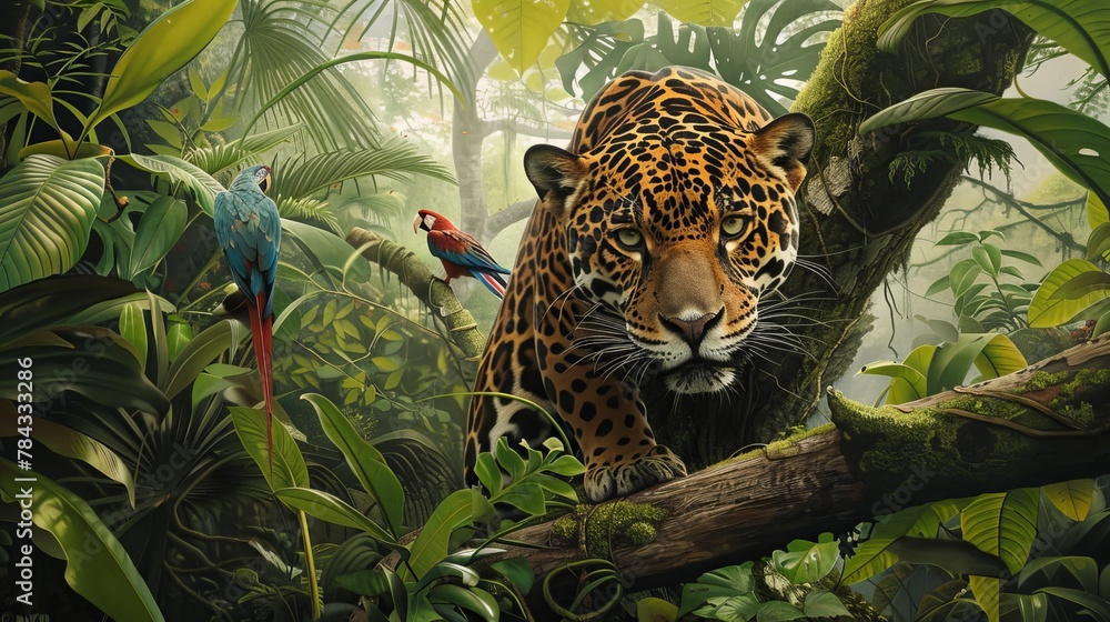 Fototapeta premium A realistic depiction of a majestic jaguar prowling through its dense jungle home, accompanied by vibrant tropical birds